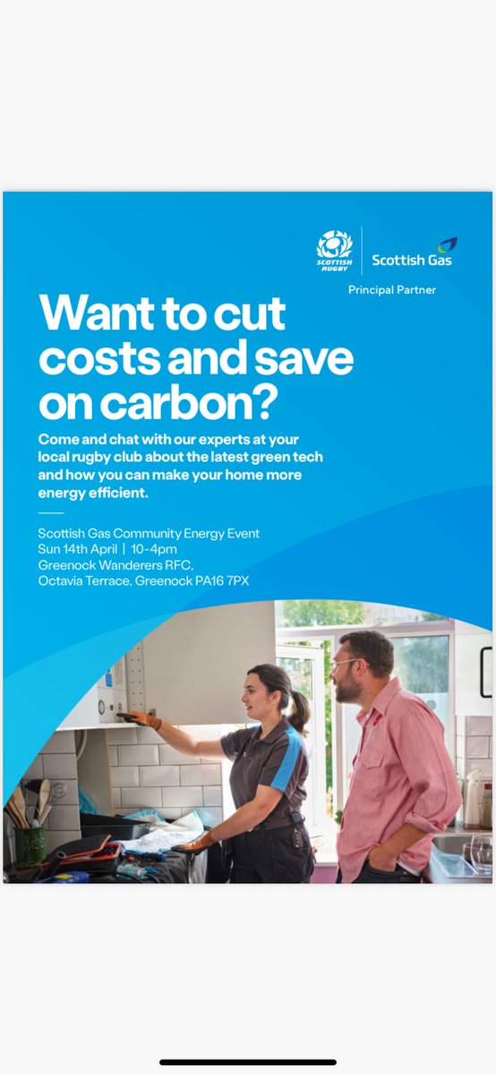 Scottish Gas roadshow at Greenock Wanderers Rugby Football Club between 10:00-16:00pm. Will be answering questions about reducing household carbon footprint, and cut costs. We know that households have lots of questions. energy experts on hand to help.