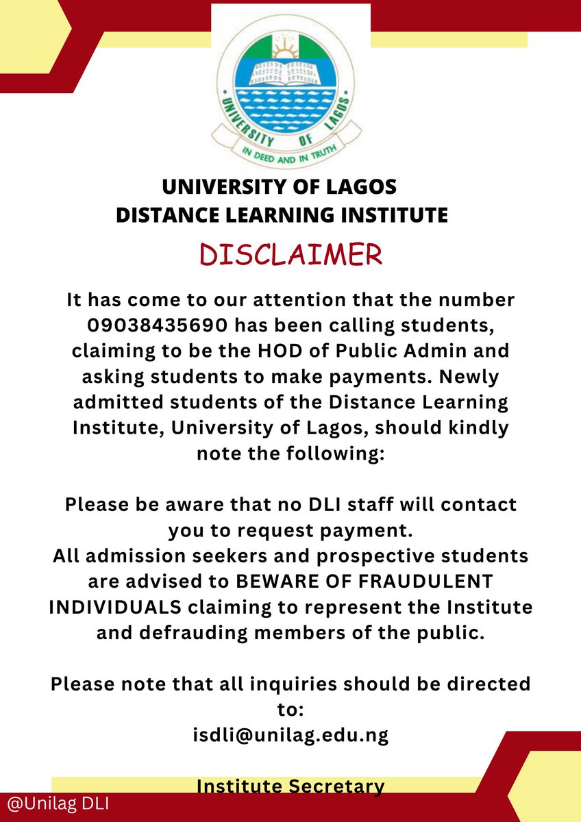 Please be aware that no DLI staff will contact you to request payment.
All admission seekers and prospective students are advised to BEWARE OF FRAUDULENT INDIVIDUALS claiming to represent the Institute and defrauding members of the public.