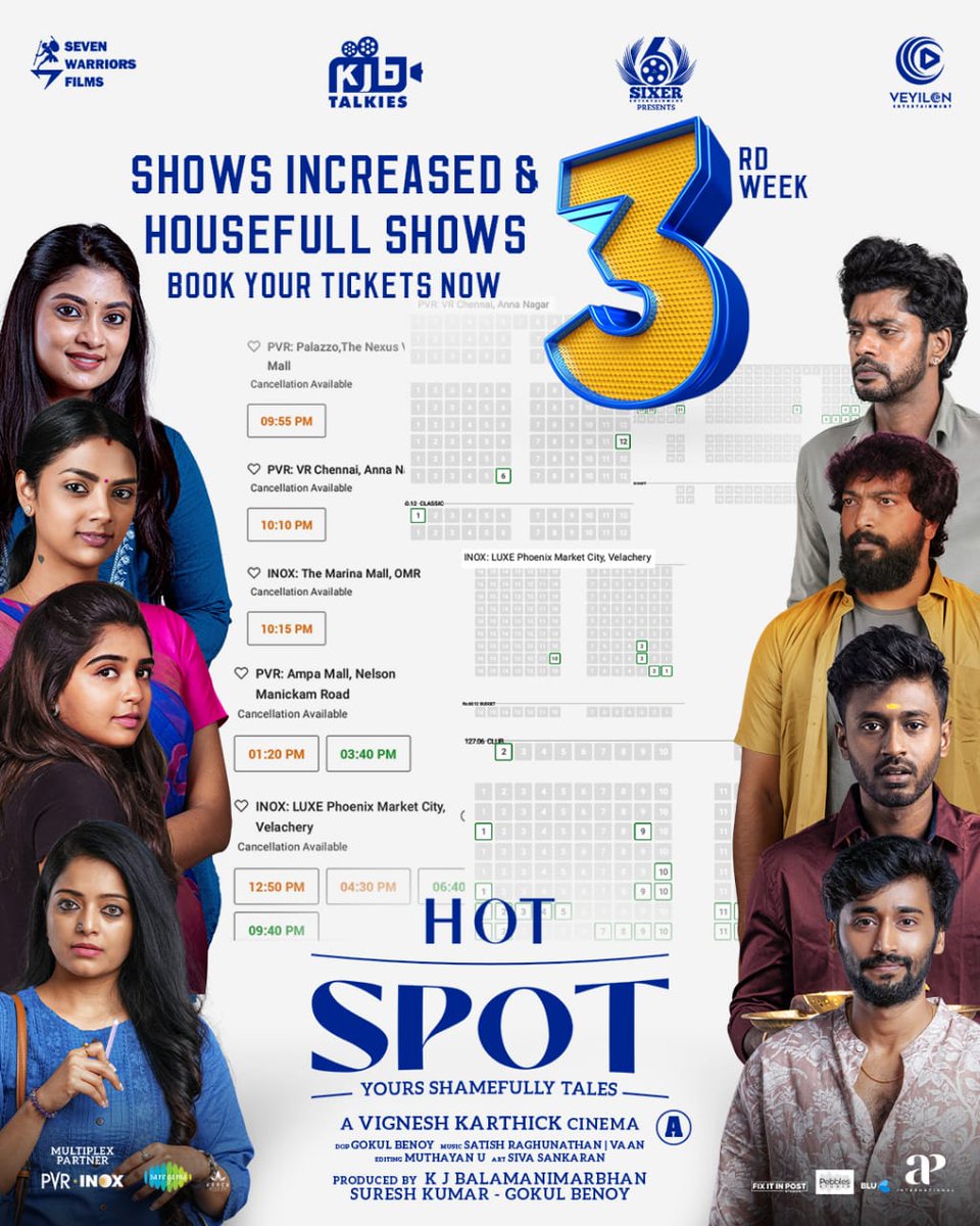 It's on a Roll with increased & housefull shows 💥💫 #HotspotRunningSuccessfully 💯 with Blockbuster reports 👏🏻👏🏻Grab your tickets ❤️ @vikikarthick88 #KJBTalkies #Sevenwarriors @Veyilonent @SixerEnt @KalaiActor @iamSandy_Off @Gourayy @Ammu_Abhirami @jananihere #Sofia @