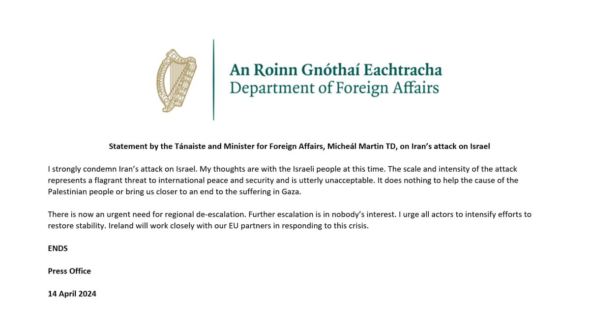 I strongly condemn Iran’s attack on Israel. My thoughts are with the Israeli people at this time. The scale and intensity of the attack represents a flagrant threat to international peace and security and is utterly unacceptable. My full statement ⬇️