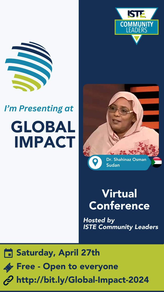 shahee1970's tweet photo. I am thrilled to announce that I'll be presenting at the ISTE Global Impact Virtual Conference🎉 As a live presenter.
I'll delve into AI in Conflict Resolution: Leveraging Technology for Peacebuilding.
🗓️ April 27, 2024
#ISTE #GlobalImpactConference  #Education #EdTech https://t.co/fkqa0ZR9gl