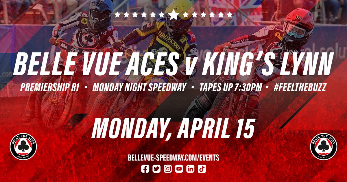 🔴 NEXT IN MANCHESTER ⚫️ 🆚 @KLSpeedway 📍 National Speedway Stadium 📅 Monday, APR 15 @ 7:30PM 🎟️ t.ly/7iGIP The return leg after we journey to the Adrian Flux Arena on April 11, and there's 3️⃣ league points on offer in Manchester! #FeelTheBuzz #UpTheAces ♣️