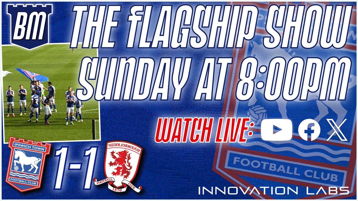 ⏰ **LIVE** TONIGHT AT 8PM!! ⚽️ #ITFC 1-1 #Boro Post Match Discussion 📺 Available to watch live and then on podcast afterwards 🎧 🤝 @LabsStowmarket