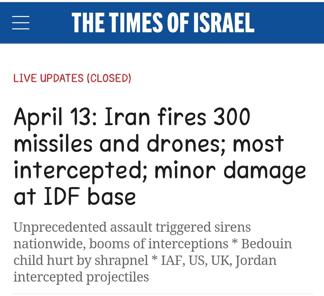 Ladies and Gentlemen, of all the drones fïřëd at Isreal by Iran, NONE hit the target 🎯. All were intercepted...

Nobody should do phem when Isreal starts...