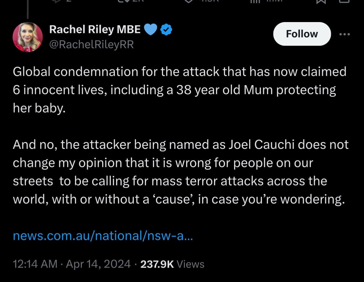 Rachel Riley just absolutely saying the quiet part out loud here with ‘the attacker being named as Joel Cauchi does not change my opinion’ @Channel4 need to explain why they’re still allowing this vile racist to work for them and represent them.