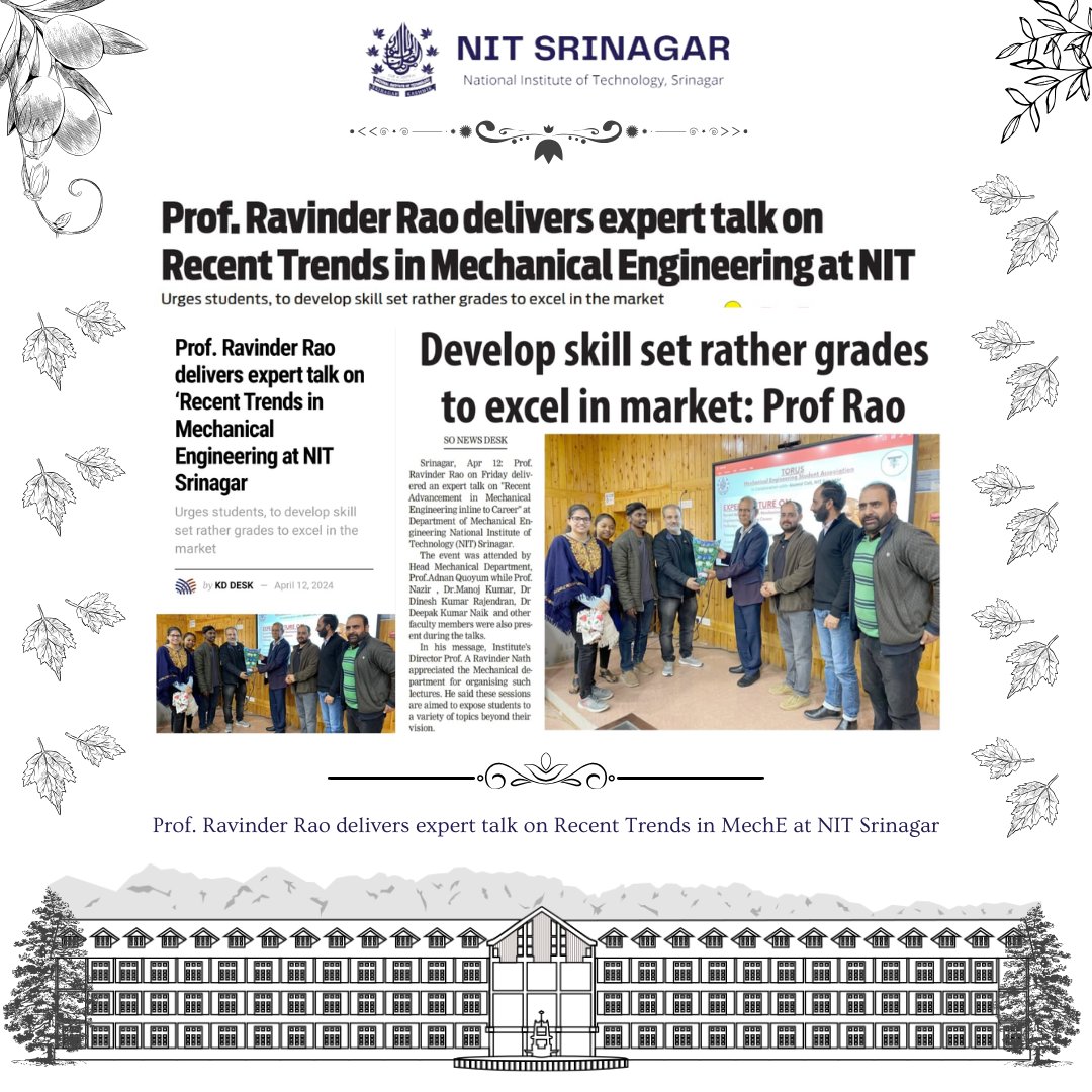 Prof. Ravinder Rao revisits his alma mater, NIT Srinagar to share insights on 'Recent Advancement in Mechanical Engineering.' A journey from student to expert, inspiring the next gen of engineers. #MechanicalEngineering #MechE #NITSrinagar #CareerGrowth #talk #expert