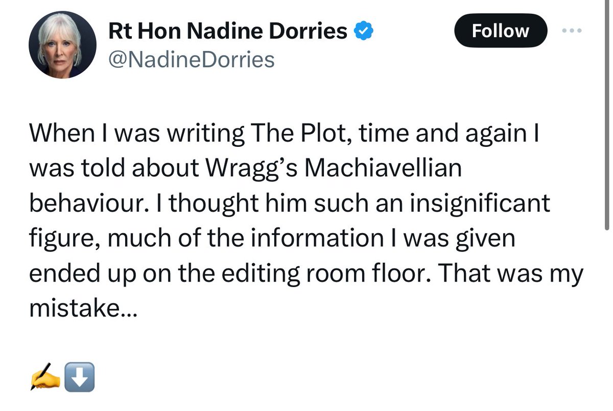 This is hilarious.

Mad Nads apparently had absolutely LOADS of information about all these plots William Wragg was involved in, she just accidentally edited them
all out of her book... 😅

Nadine Dorries really does more damage than good as leader of the Boris Johnson fan club