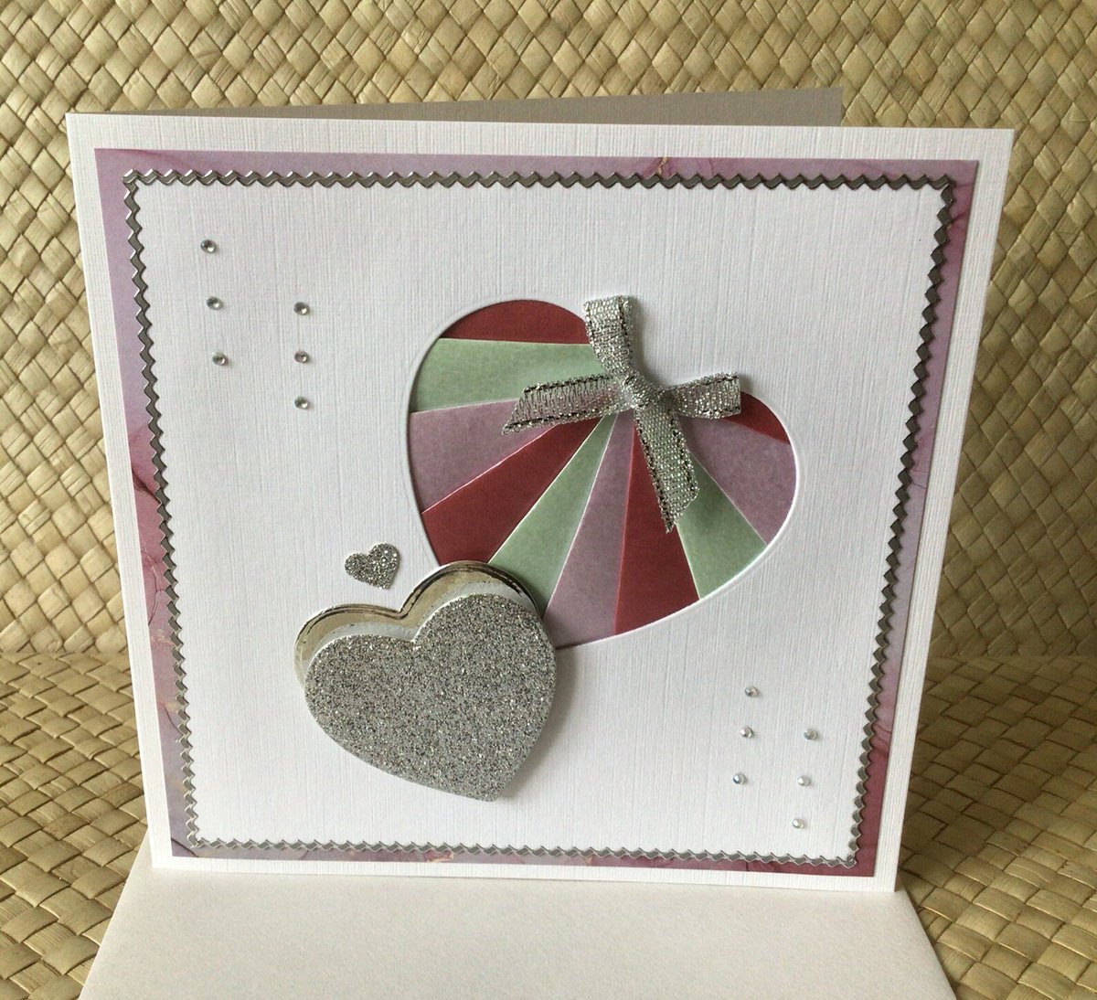 Rose Silver and Green Wedding Day Celebration Card for Anniversary, Engagement, Hearts Entwined Decoupage etsy.me/43Wt8xC via @Etsy #UKGiftHour #handmadeinUK #weddinginspiration #anniversary #etsyfinds #TheCraftersUK