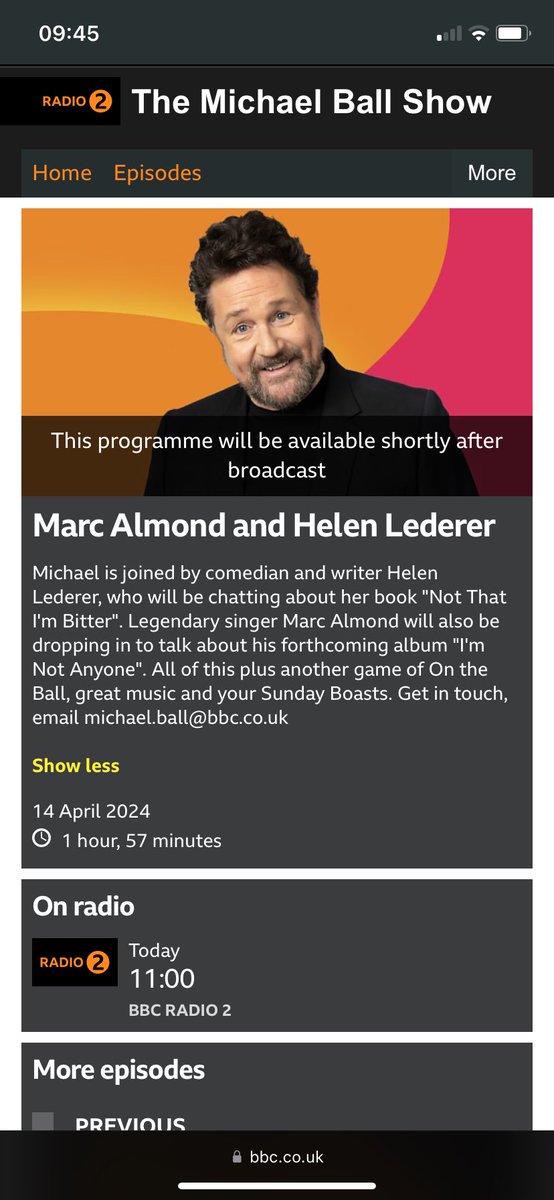 Can not wait for this today! @mrmichaelball @BBCRadio2 @BBCSounds Listen Live: bbc.co.uk/sounds/play/li… @TheMirrorBooks #interview #bbc #bbcradio #michaelball #ntib #memoirs