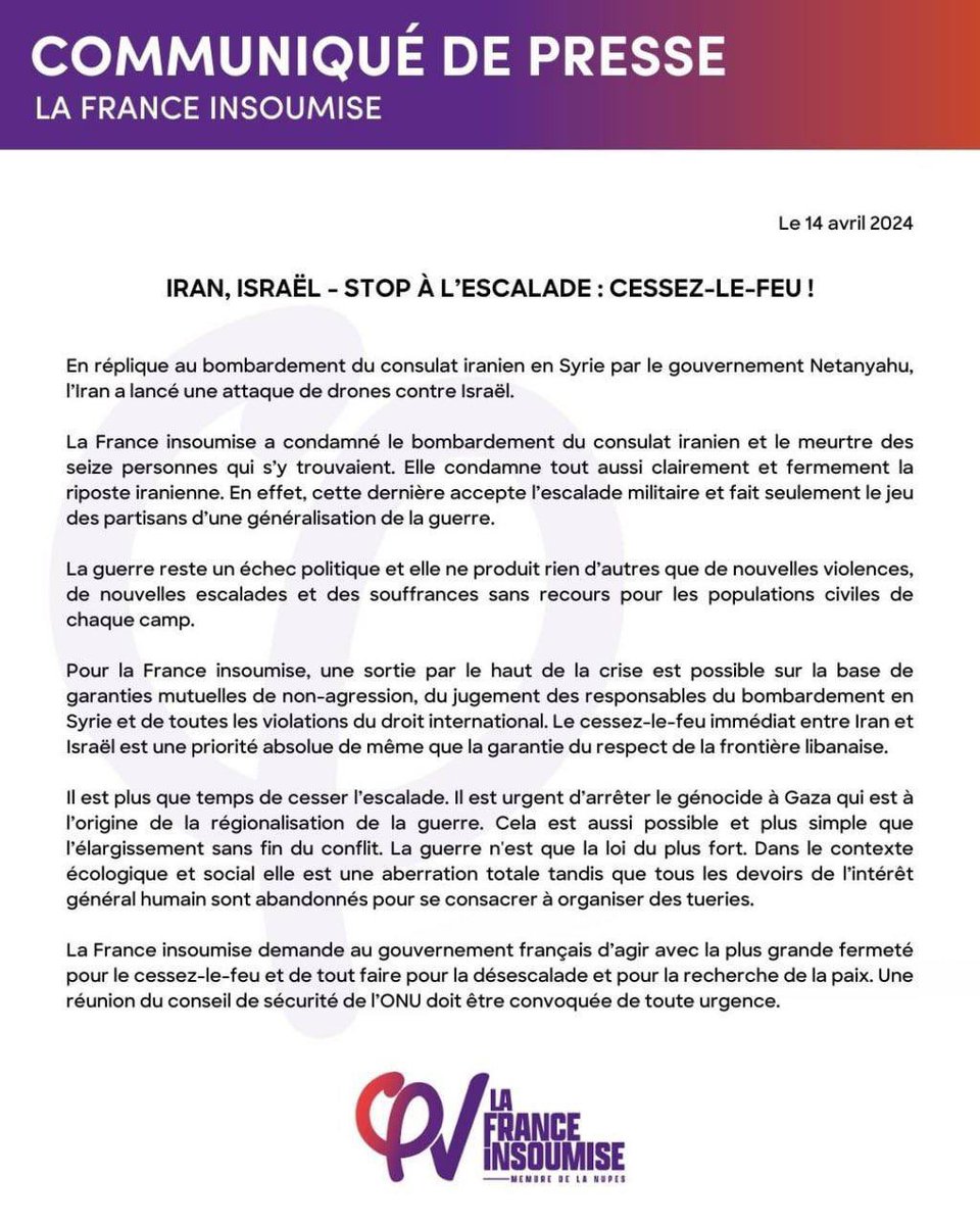ALeaument's tweet photo. Encore une fois, nos adversaires politiques mentent pour nous discréditer. 

Hier je disais : informez-vous par vous-mêmes et allez chercher l’info à la source.

Voici notre communiqué sur l’attaque de l’Iran contre Israël. ⤵️

Lisez et aidez-nous à le partager massivement SVP. https://t.co/uGx4PI1HQo