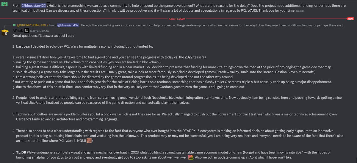 This is why I'm ultra bullish on PXL Wars and @pxlzNFT + @pxlzAF ! #CardanoNFTs That d e f are 'initley' awesome bullets. Every question is answered within 24h and you get a real answer instead of generic mumbo jumbo. PXL Wars will be a beast!