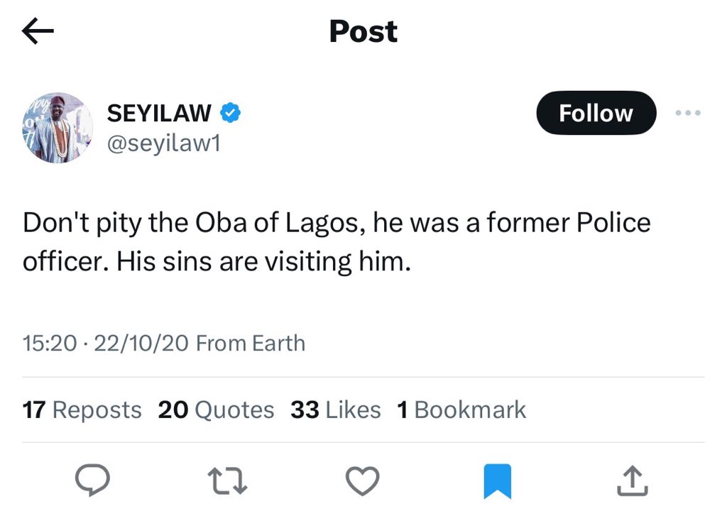 So this was @seyilaw1 post towards and against Oba of Lagos during the #EndSARS protest 🪧.

This post was made on the second day after the #LekkiTollgateMassacre by the Nigerian government.

We must stop this hypocritical people from destroying our society.

@seyilaw1 who…