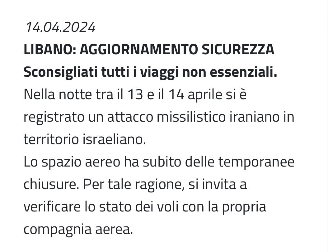 Lo spazio aereo libanese ha subito delle temporanee chiusure. Per tale ragione, si invita a verificare lo stato dei voli con la propria compagnia aerea. viaggiaresicuri.it/find-country/c…