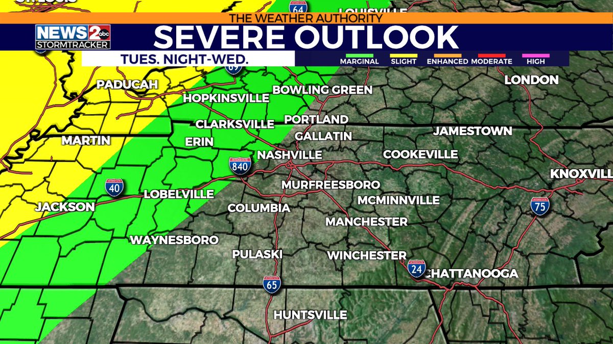 PLEASE SHARE: A Marginal Risk (level 1 out of 5) for severe weather has been issued for most counties west of I-65 for Tuesday night. Strong storms are possible overnight into Wednesday morning. All modes of severe weather are possible. wkrn.com/weather?utm_me…