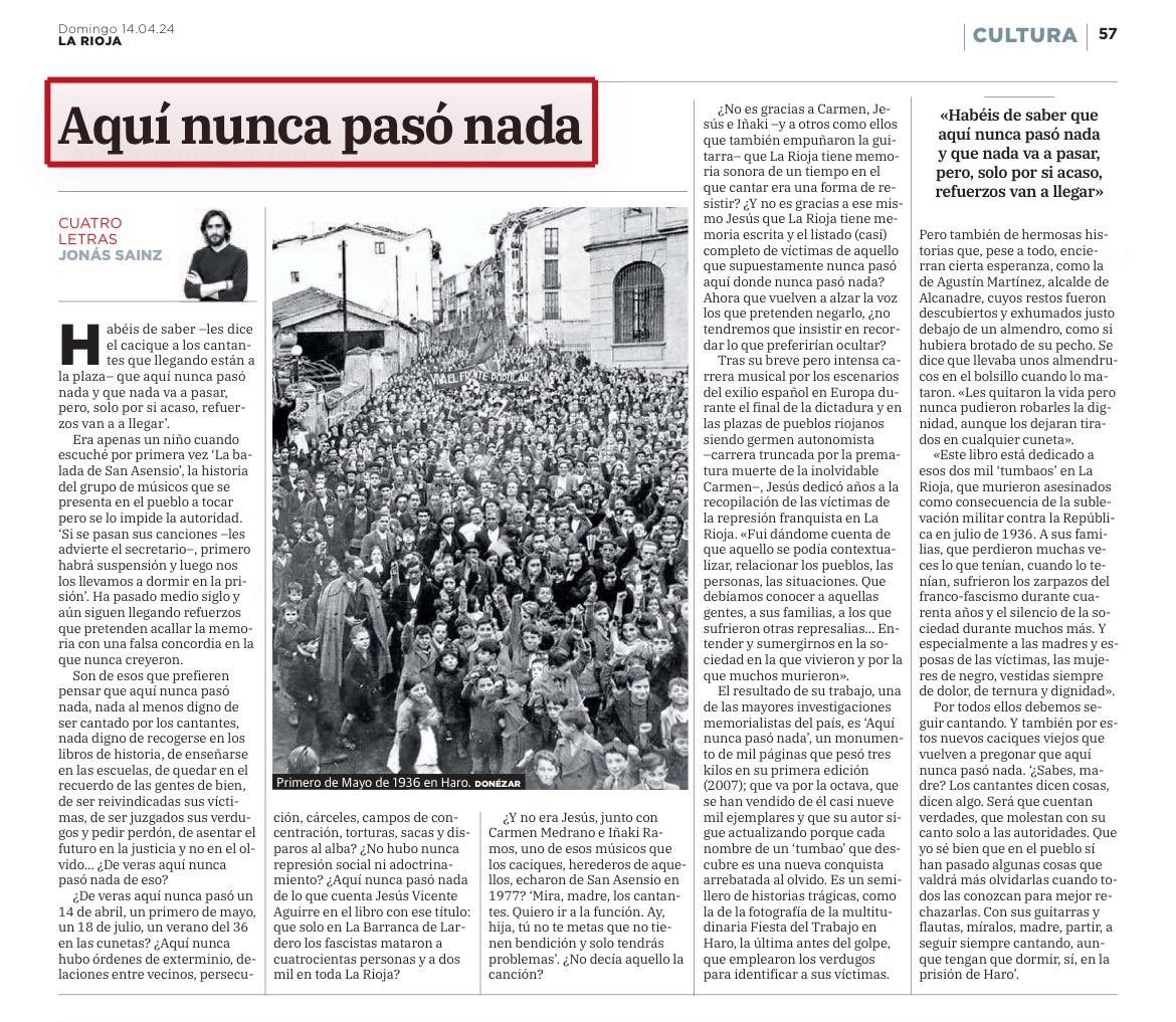 Hoy @JonasSainz hace un precioso artículo rindiendo homenaje a un libro que se ha convertido en la referencia de la #represión en #LaRioja “Aquí nunca pasó nada” de Jesús Vicente Aguirre (otro titán) 👇