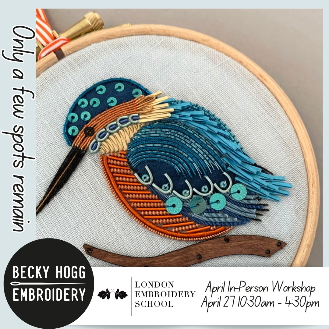 The Kingfisher in-person embroidery class by Becky Hogg is on Saturday, April 27, from 10:30 am to 4:30 pm and is suitable for all levels. 🙂 🧵 londonembroideryschool.com/product/metal-…