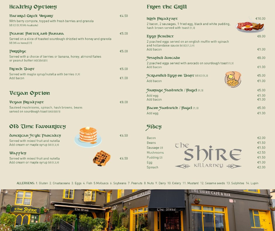 Rise and shine, it's breakfast time! 🌞🍳 Welcome your Sunday morning with our delightful menu at 8:30am. We've got your cravings covered 7 days a week. Swing by today and start the day right! #sundaymorning #breakfast #dinekillarney #lovekillarney #theshire