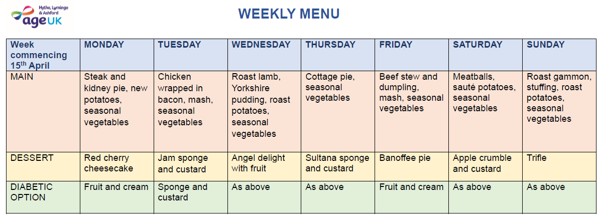 W/C 15th April To order a community meal to be delivered to your door, please call us on: 01303 269602. #Communitymeal #mealsonwheels #communitymeals