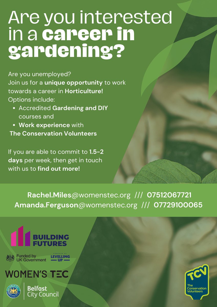 🌿 Happy #NationalGardeningDay! 🌺 

Unemployed and interested in a career in Horticulture? Join our accredited Gardening and DIY courses, plus gain valuable work experience with The Conservation Volunteers. Contact Rachel.Miles@womenstec.org  or call 07512067721!🌱