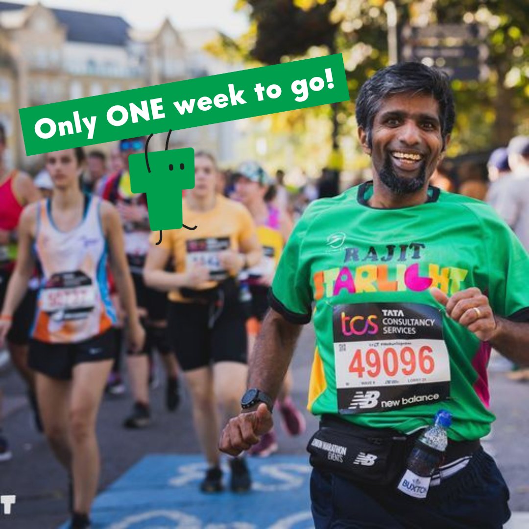 Lace up your trainers and get your water bottles ready! You have ONE week to go until the @LondonMarathon. We've seen all the effort and dedication you've been putting into your training and we're so proud to have you on #TeamStarlight. Good luck everyone! You'll smash it 🥇
