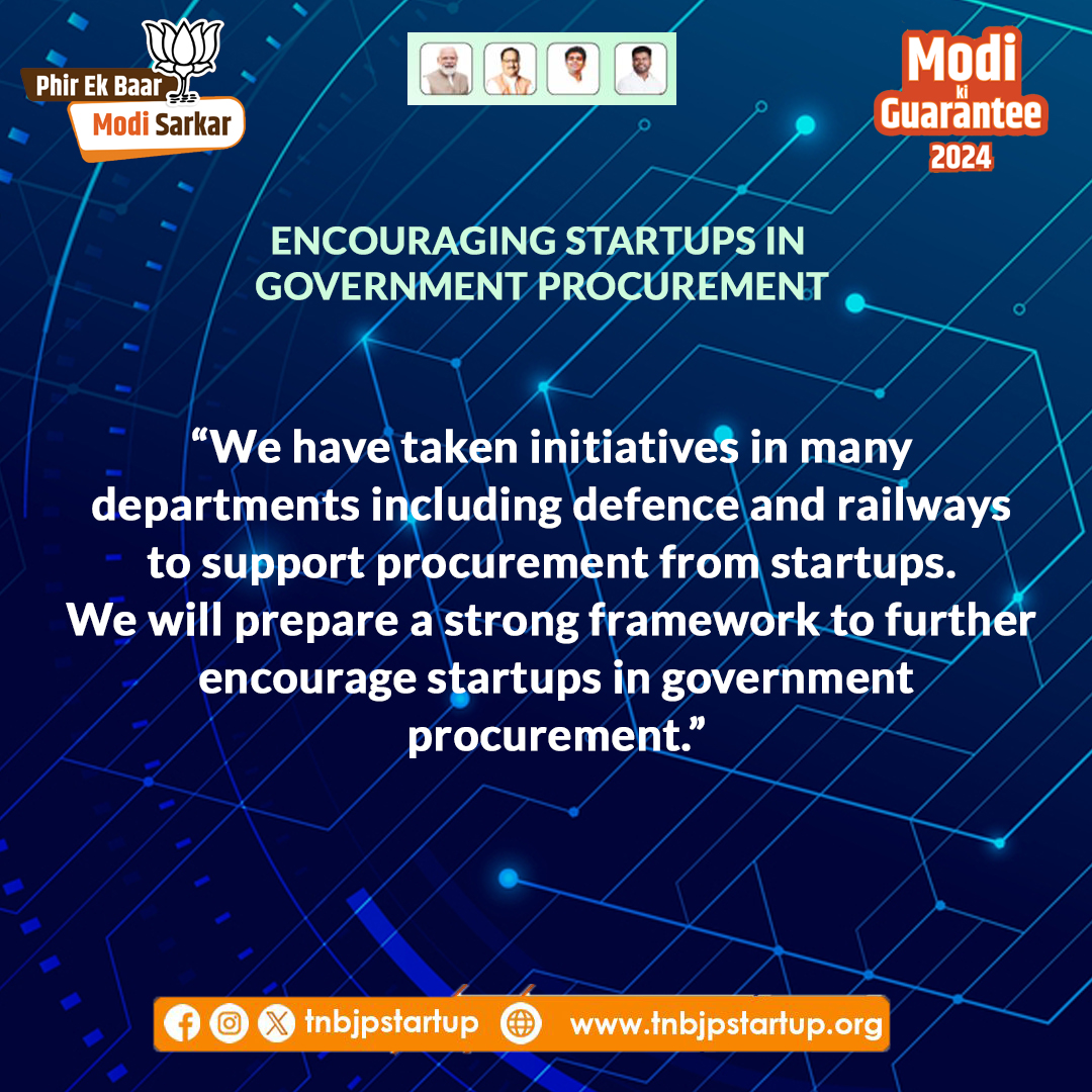 The #BJPManifesto2024 promises to further encourage startups in government procurement! 

The TN BJP Startup Cell thanks @BJP4India for always prioritizing the growth of the vibrant Indian Startup Ecosystem!

#SankalpPatra2024 #AbkiBaar400Paar

@annamalai_k @TenkasiAnanthan