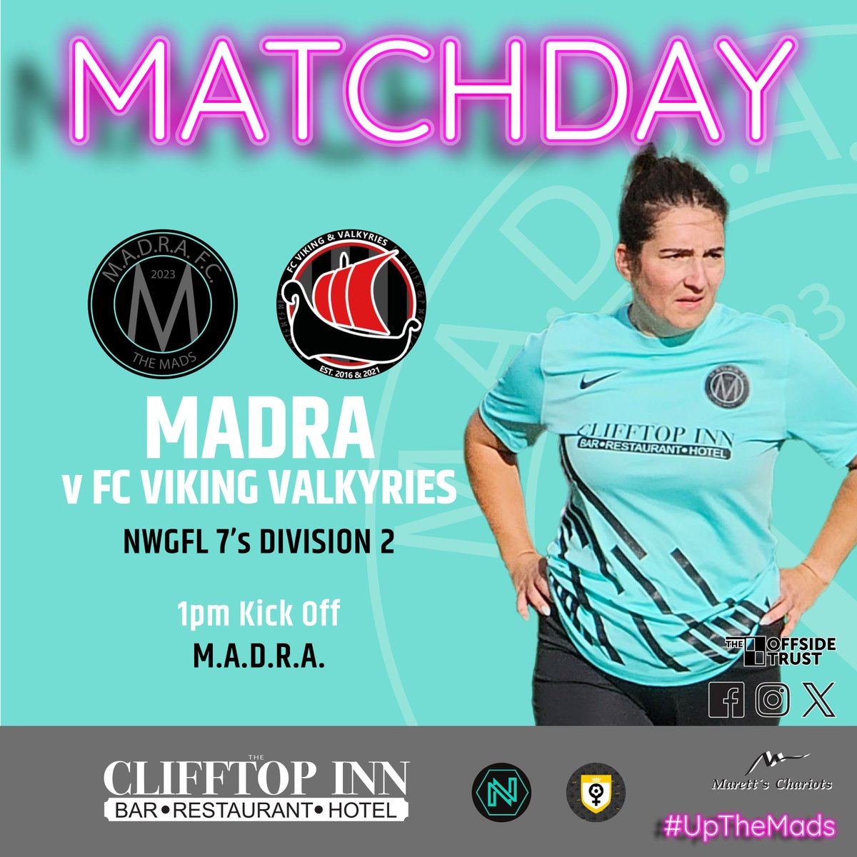 MATCHDAY!
Womens team welcome @vikingvalkyries to M.A.D.R.A.
Bar will be open from Midday
All support is appreciated!
 #UpTheMads #WelcomeToTheMadhouse #Madness #TheMads #MadraFC #NorfolkFootball #OneStepBeyond