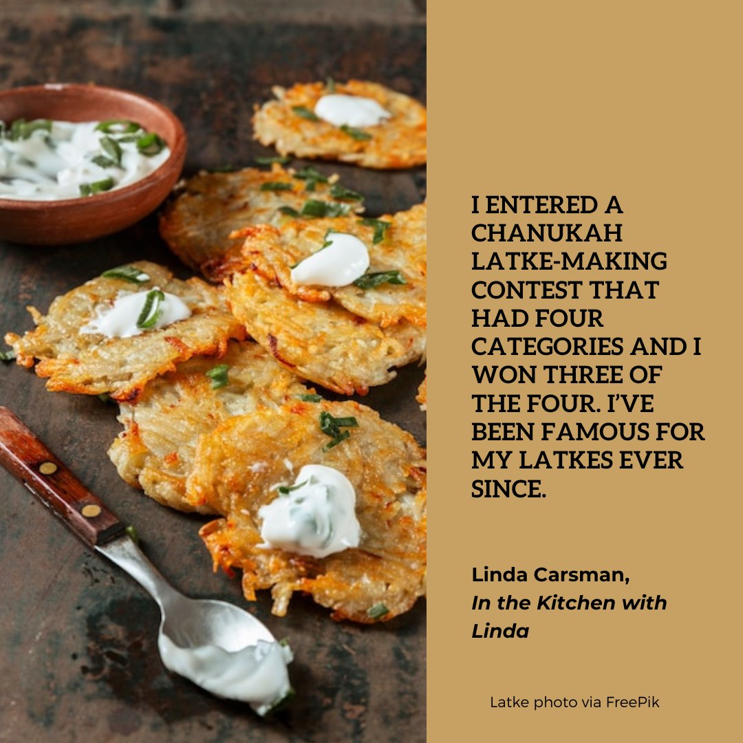 'I entered a Chanukah latke-making contest that had four categories and I won three of the four. I’ve been famous for my latkes ever since.'

~ Linda Carsman, In the Kitchen with Linda 🌸 @KitchenWLinda

#Cooking #JewishFood Latkes image via @FreePik