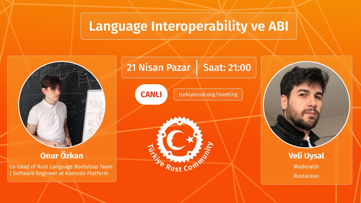 📢Duyuru Online etkinliklerimize kaldığımız yerden devam ediyoruz. Konuğumuz ise Rust dilinin maintainer'larından birisi. Tüm Rustacean dostlarımızı bekleriz🦀 #rust #rustlang #turkiyerust Detaylar için👇