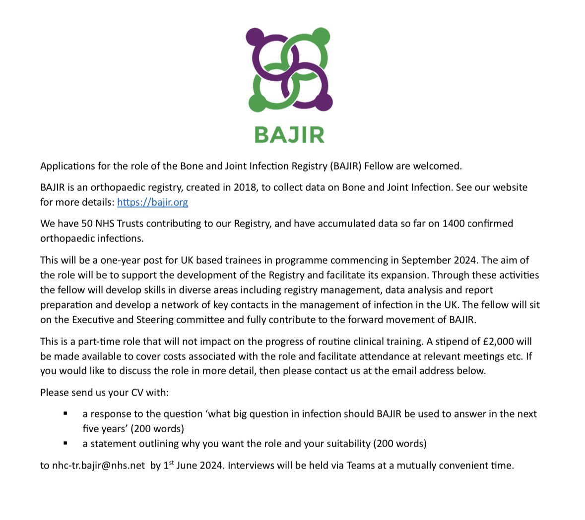 We are pleased to announce an excellent opportunity for @bota_uk UK Orthopaedic trained with an interest in infection. Come and join @BAJIR_UK Exec committee as our fellow for 24/25. See attached advert for details or DM us for info