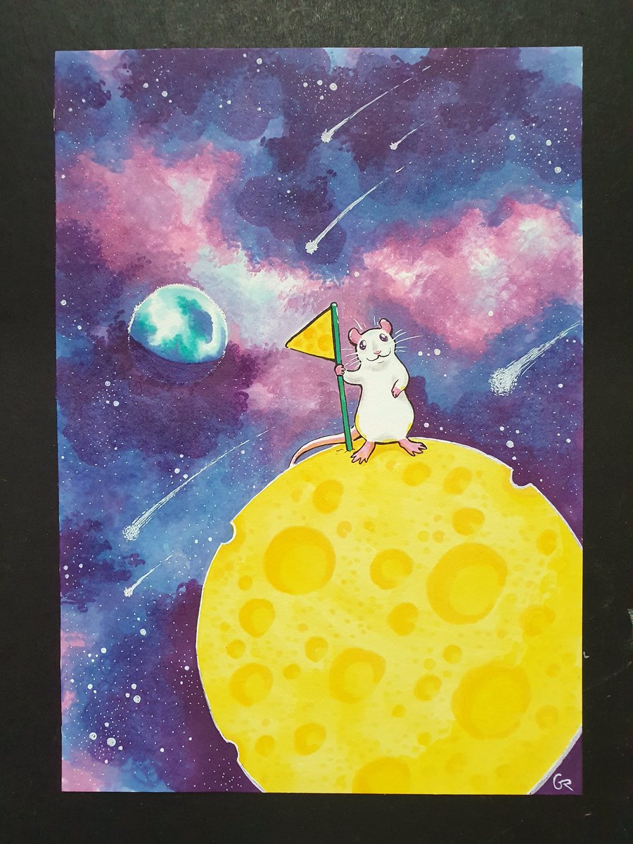 Greetings from Luna

The last piece from the Cosmic Rats series! My markers are spent, worth it though, these were a lot of fun to make. 

Art prints and originals will be available in my ko-fi shop, stay tuned!

#ArtistOnTwitter #petrats #ratart