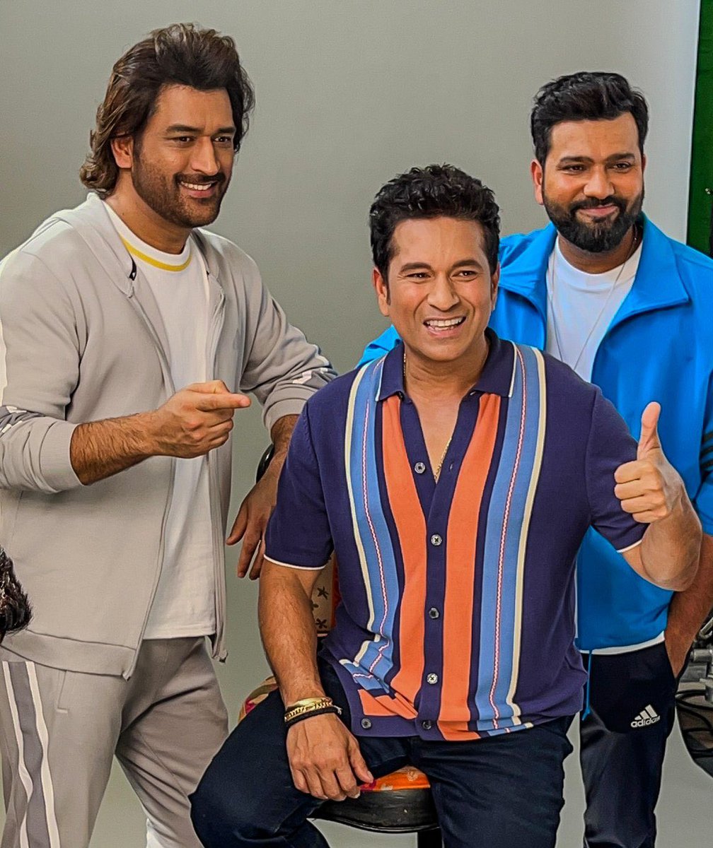 MS Dhoni with Sachin Tendulkar and Rohit Sharma during a shoot.