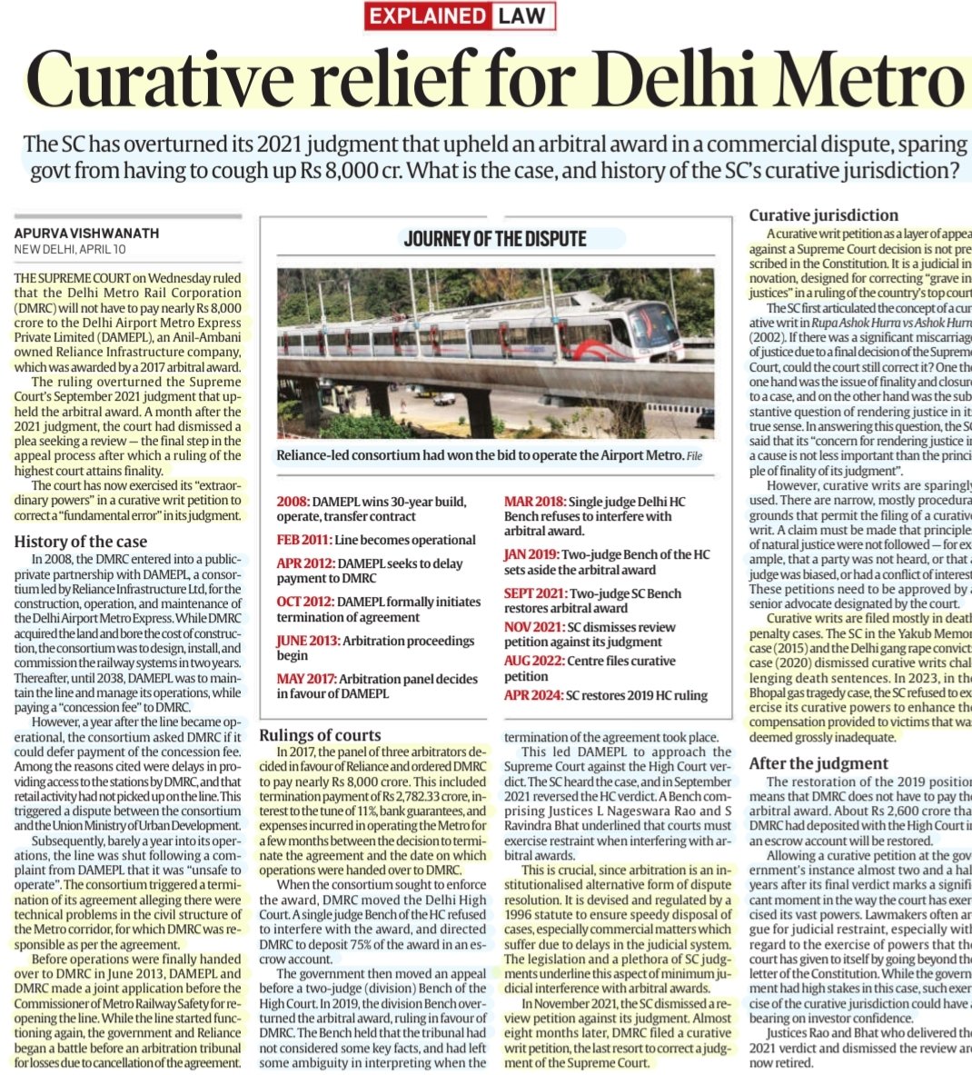 imRavikantYadav's tweet photo. "Curative Relief for Delhi Metro"

:Details by Ms Apurva Vishwanath @apurva_hv 

Imp info on #Curative jusridiction, its history ,#Arbitration &amp; Courts view on it, Recent #DelhiMetro vs #DAMEPL case,#SupremeCourt judgement,its implications &amp;
More info..

#DMRC
#Law

Source: IE https://t.co/YhqC7i48gM