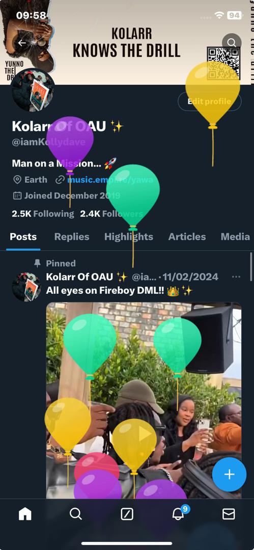 Happy birthday Kolawole David 🦍💜 • Fireboy DML's Biggest Fan in OAU 🚀 • Olamide's die-hard fan 💛 • Music Enthusiast •Social Media Manager • Developing and Talented Brands and Artistes Promoter Blessings all year 🆙🆙🎉 #birthday #OAU #MusicIsLife #oautwitter