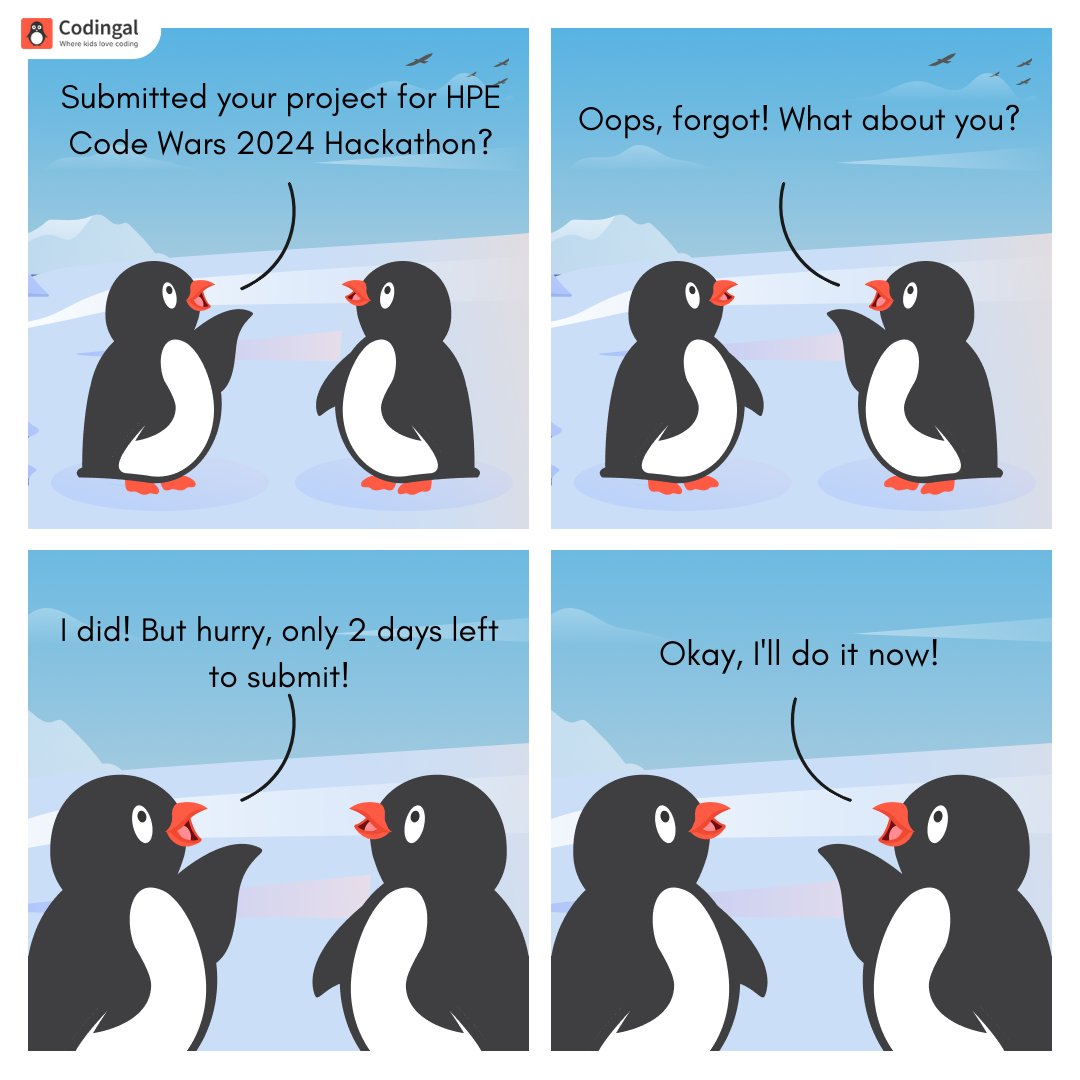 codingal's tweet image. Just 2 days left for HPE Code Wars 2024 Hackathon project submissions.

Submit your project in 3 easy steps:
1. Login at cdg.al/5Nfi9 💻
2. Fill your details and upload the code 😎
3. Submit project 🤩

#codinghackathon #codingcompetition #codingprojects #codingforkids