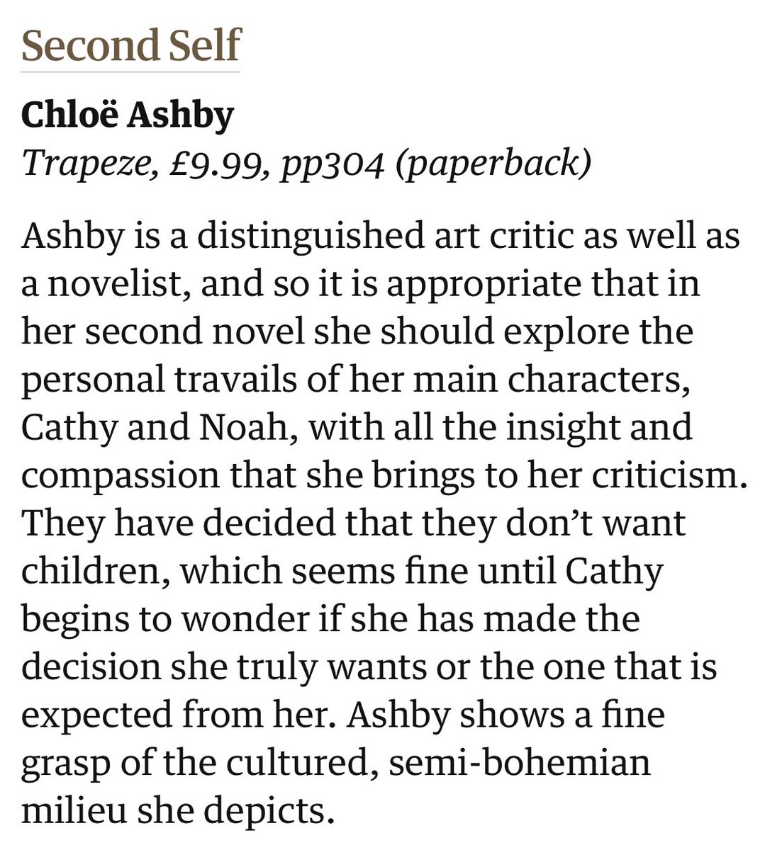 Very many thanks to @alexlarman and @ObsNewReview for the kind words on SECOND SELF, out in paperback next week! amp.theguardian.com/books/2024/apr…