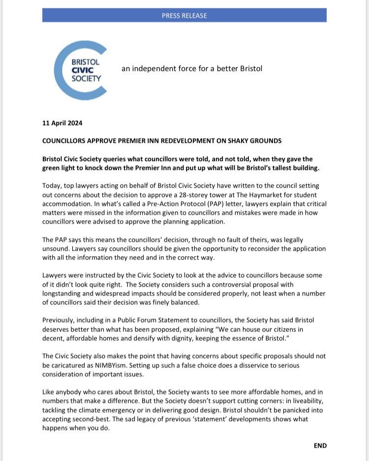 Joe Banks (@joepbanks) on Twitter photo In a 14-page Pre-Action Protocol letter, lawyers Leigh Day, acting on behalf of the Bristol Civic Society, have threatened  Bristol City Council with legal action over the decision to approve a 28-storey student accommodation tower.
<a href="/AudreySuzanne/">Suzanne Audrey</a> 
<a href="/bristol_citizen/">Bristol Citizen</a> 
<a href="/char1iewatts/">Charlie Watts</a> In a 14-page Pre-Action Protocol letter, lawyers Leigh Day, acting on behalf of the Bristol Civic Society, have threatened  Bristol City Council with legal action over the decision to approve a 28-storey student accommodation tower.
<a href="/AudreySuzanne/">Suzanne Audrey</a> 
<a href="/bristol_citizen/">Bristol Citizen</a> 
<a href="/char1iewatts/">Charlie Watts</a>