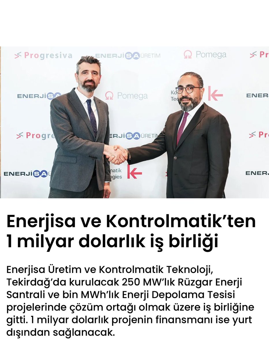 #ENJSA #KONTR 

Enerjisa Üretim ve Kontrolmatik’ten Stratejik İş Birliği:

-Enerjisa Üretim ve Kontrolmatik, Tekirdağ’da rüzgâr enerjisi ve depolama projesi için güçlerini birleştiriyor. Bir milyar dolarlık projenin finansmanı, uluslararası kaynaklardan sağlanacak.

-Enerjisa