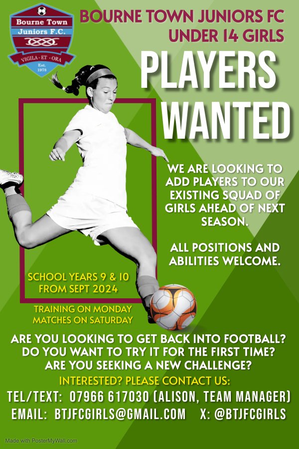 We are looking to add to our squad ready for next season. If you are interested in joining the team or just want to give it a try at one of our training sessions please get in touch.
(Please retweet to spread the word)
#Bourne #Lincs #GirlsFootball #grassrootsfootball