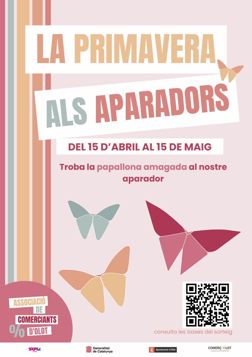 🌷🛍️🌷 La primavera arriba al comerç d’#Olot!
@ACOolot impulsa una nova campanya promocional participativa a través dels aparadors d’una 90 d’establiments.

🦋Només cal que busqueu les papallones!🦋

#femOlot #Olot