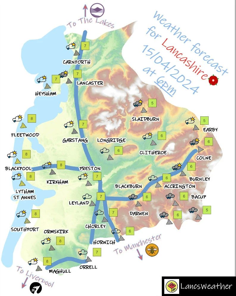 Weather forecast for Lancashire tomorrow, 🌦️ Monday 🌦️ 15th April 2024 #lancsweather #lancashire #weather #forecast #blackburn #blackpool #burnley #chorley #fylde #hyndburn #lancaster #pendle #preston #ribblevalley #rossendale #southribble #westlancashire #wyre