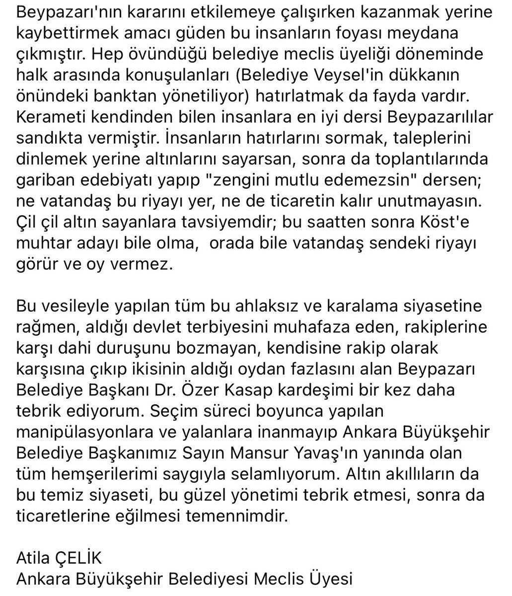 3BHabercom's tweet photo. Ankara Büyükşehir Belediyesi Meclis Üyesi Atila Çelik’ten Açıklama 

@atila_celik06 https://t.co/Wv2vewCbVl