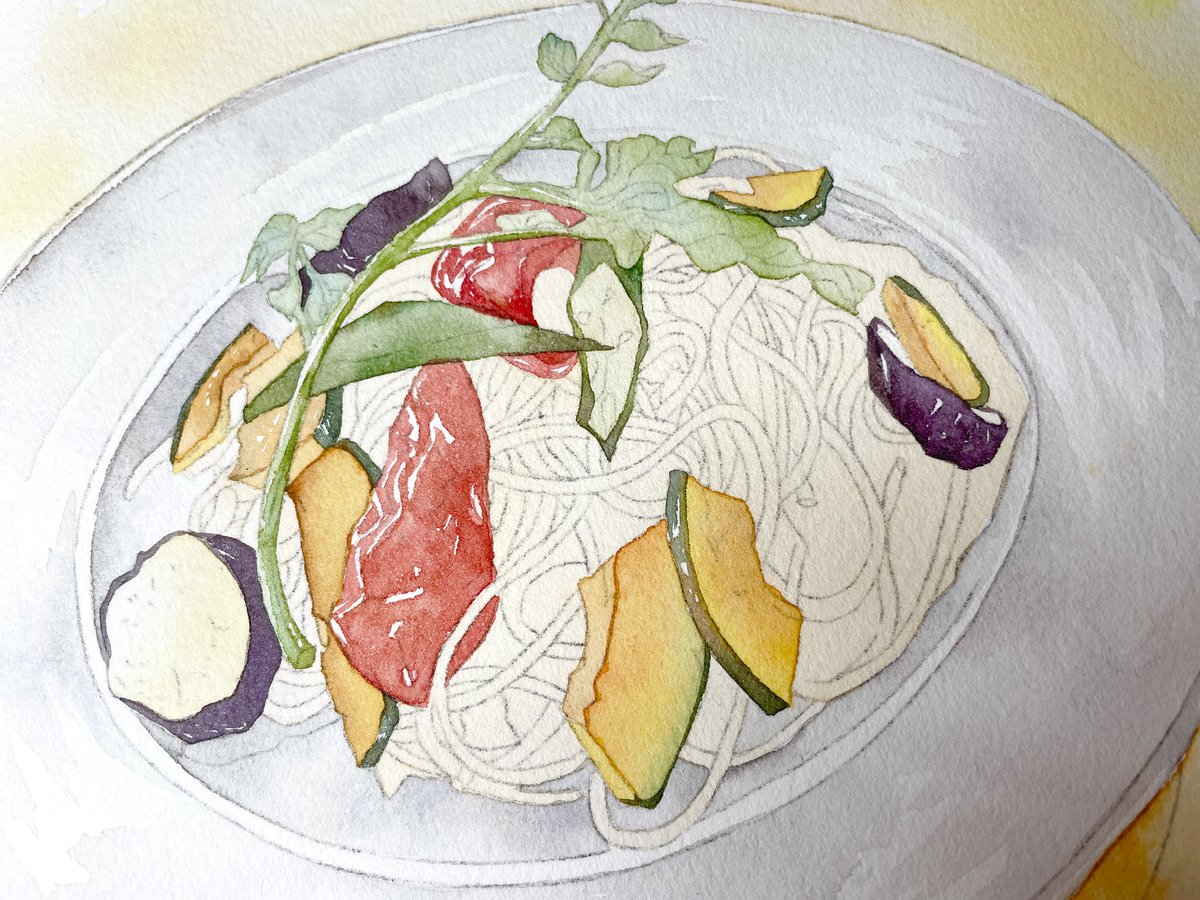 夏野菜パスタ、少しずつ描いています。 #透明水彩