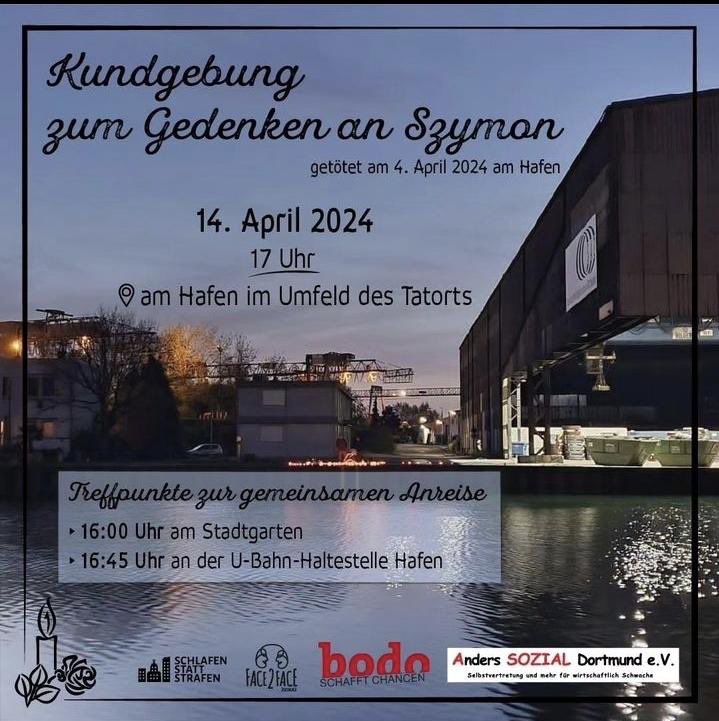 meanstreets_do's tweet photo. Heute!
Kundgebung zum Gedenken an Szymon, der am 4. April am Hafen in #Dortmund getötet wurde. #do1404 https://t.co/STxdv5QgRe
