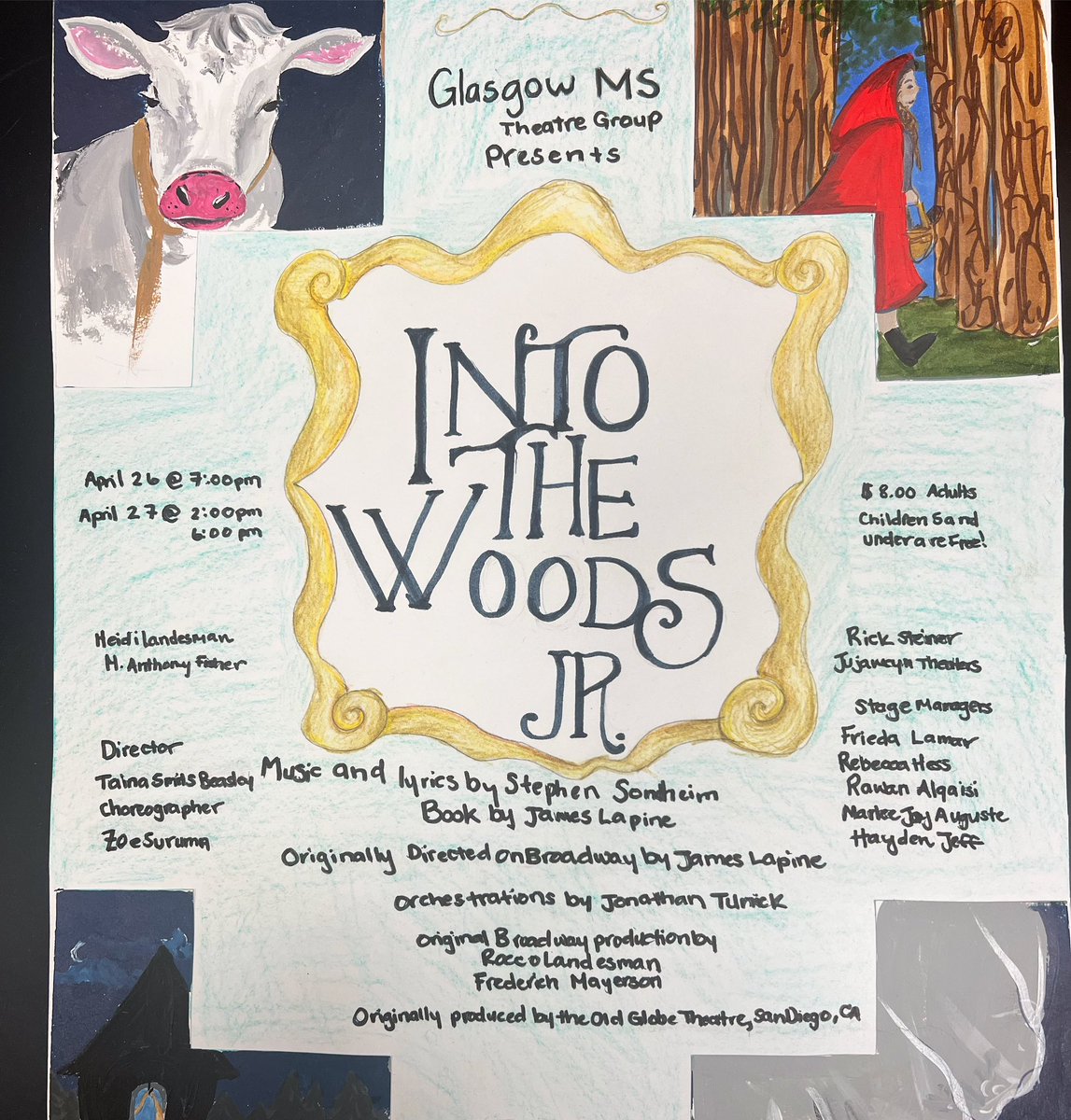 #gmstheatregroup🎭 is back for our Spring Musical “Into the Woods 
Jr.”Meet us in the woods on April 26th@ 7:00 PM or April 27th @ 2:00 and 7:00 PM. Tickets are only 8.00 and children 5 and under are free.