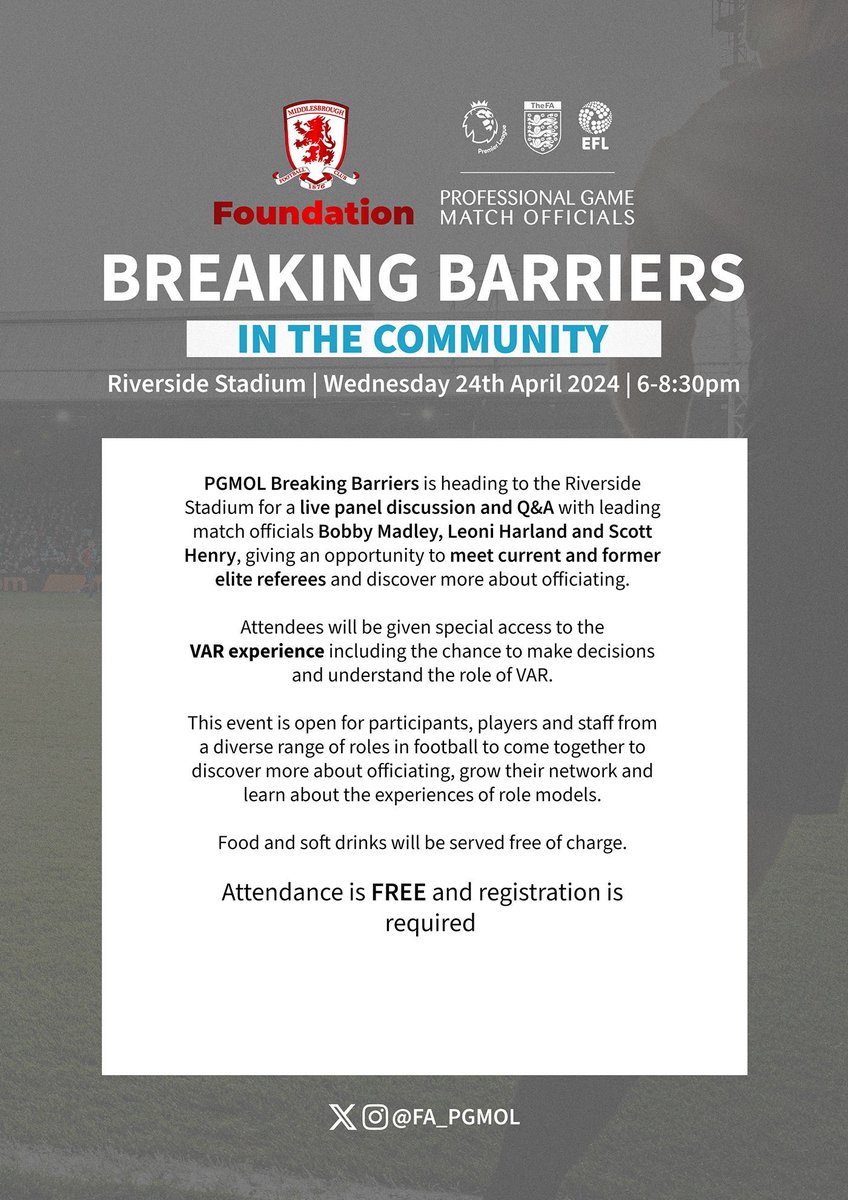 All across North Riding are invited to an exciting opportunity for those involved in grassroots football! Join @MFCFoundation and @FA_PGMOL on 24 April for a Breaking Barriers in the Community event, providing expert insight and understanding! 👉 buff.ly/3xwS1DT