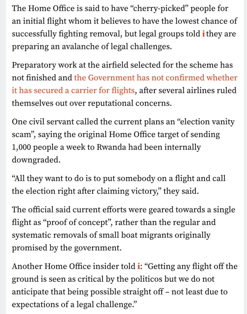 Gov seek a ‘proof of concept’ flight to Rwanda, plans made for 2 guards per person after hand picking a few people least likely to win an injunction. Grandstanding cruelty for polls. And to appease Kagame. archive.ph/2024.04.13-121…