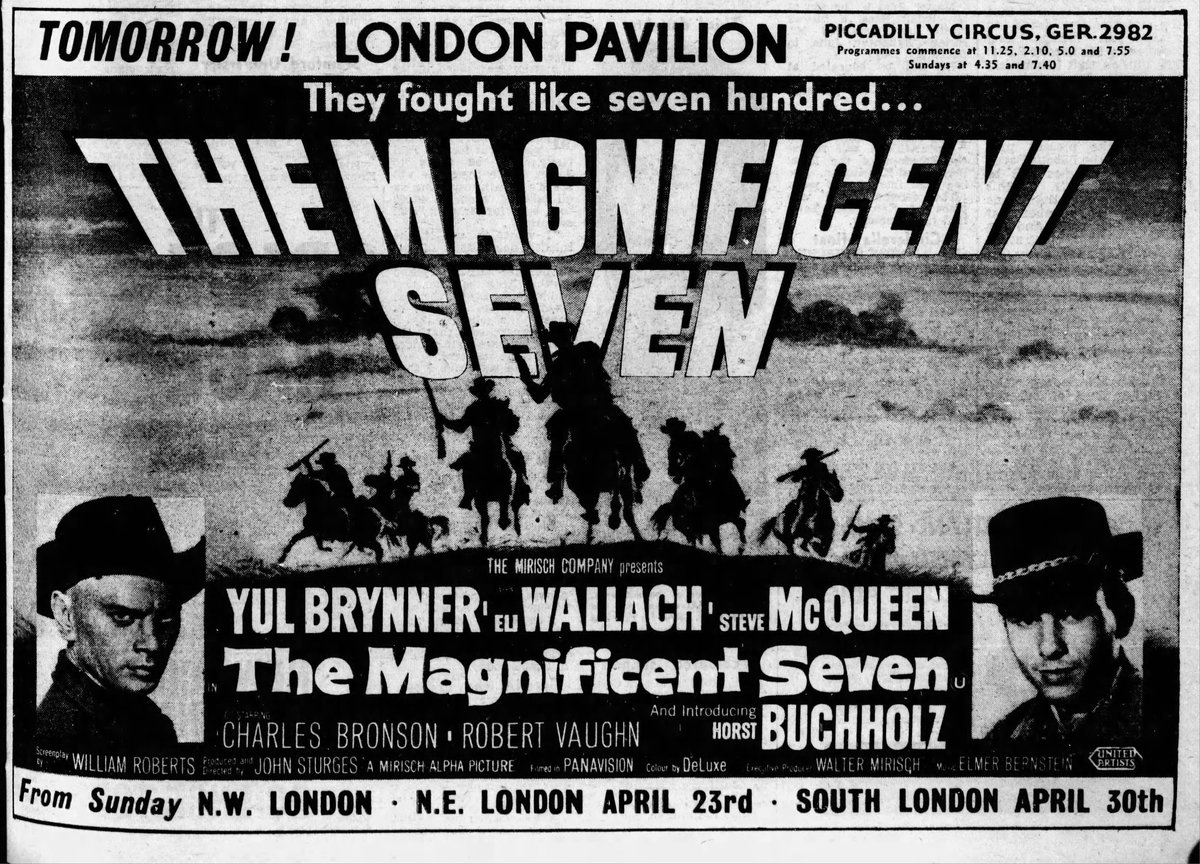 On this day, April 14th, 1961, THE MAGNIFICENT SEVEN, starring Yul Brynner and Steve McQueen, opened at the London Pavilion..