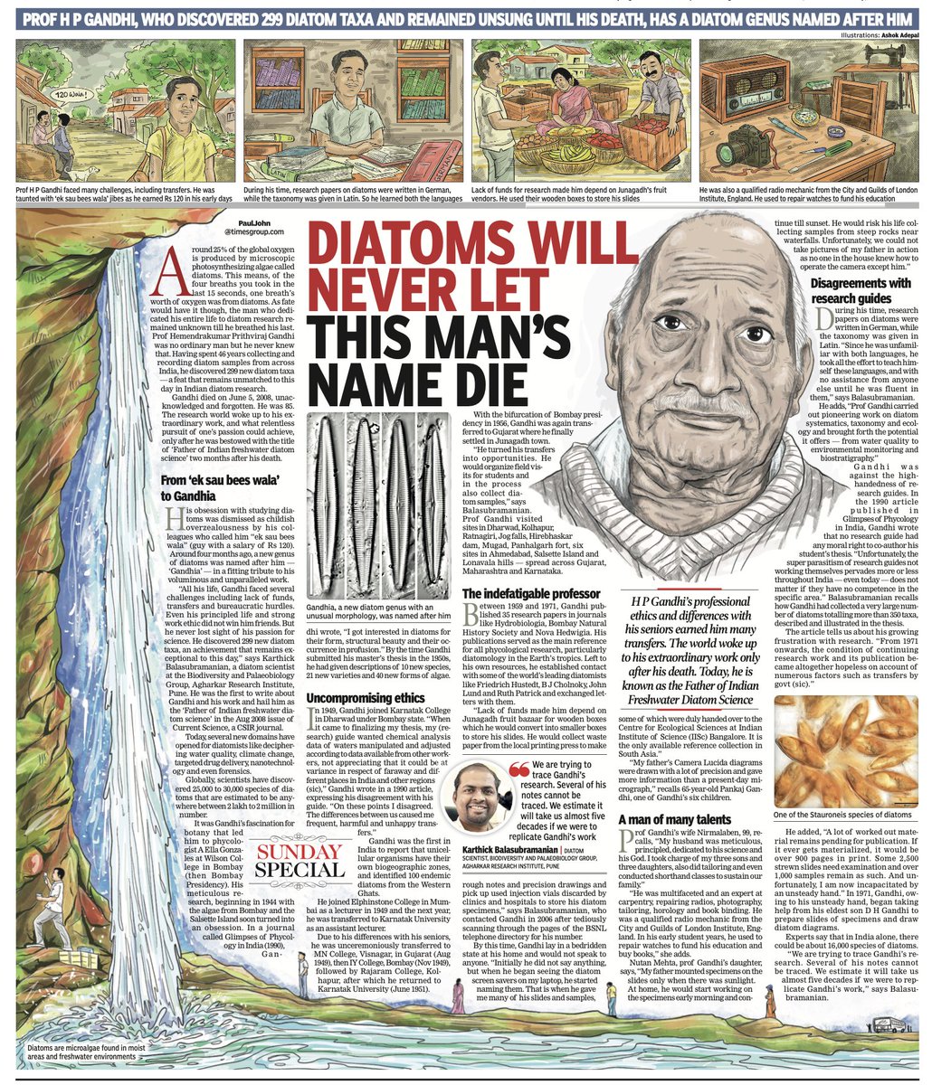 The article highlights the life and legacy of 𝐇𝐏 𝐆𝐚𝐧𝐝𝐡𝐢 and his significant contribution to #diatom research in the Ahmedabad edition of @timesofindia, by @pauljohntoi. Another unsung hero in the world of Indian science.