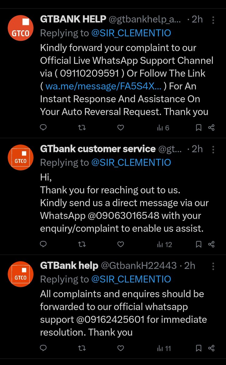 These are responses to someone who just mentioned GTBank in a tweet.

There are so many fake handles claiming to be bank customer care. What is @X and the banks doing about this? @elonmusk @bosuntijani @iaboyeji