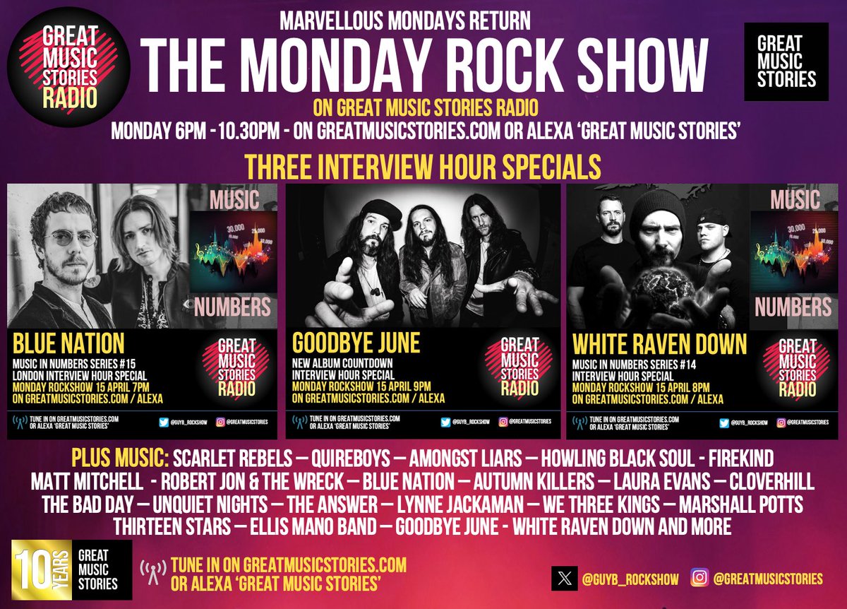 Monday Rockshow. A cracker on the way, Monday 6pm. 3 interview hr specials @bluenationmusic @GoodbyeJune @WhiteRavenDown / Album of the Month @amongstliars / and sizzlers @cloverhill_rock @Rjandthewreck @ScarletRebels @theanswerrocks @UNQUIETNIGHTS @lynnejackaman @autumnkillers